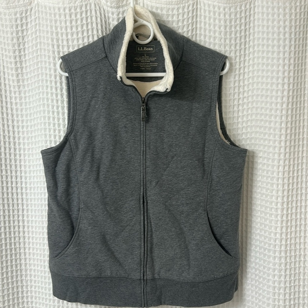 LL Bean Fleece Lined Cozy Vest Grey Cream Large